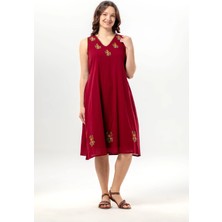 Eliş Şile Bezi Kolsuz Efsane V Yaka Nakışlı Yazlık Şile Bezi Midi Boy Elbise Bordo Brd