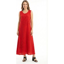 Eliş Şile Bezi Kolsuz Ferah Bisiklet Yaka Yazlık Otantik Müslin Uzun Elbise Kırmızı Krmz