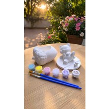 Karmaşık Hobi Evi Boyanabilir Sevimli Kedi Biblo ve Dekoratif Saksı Seti – 6 Renk Boya & 2 Fırça Dahil Hobi Seti