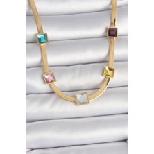 Youday Accessories 316L Çelik Gold Renk Italyan Zincir Model Kare Renkli Zirkon Taşlı Kadın Kolye