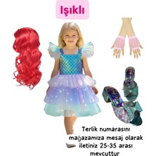 3b Kids Deniz Kızı Işıklı Kostüm Elbise +Deniz Kızı Saç Peruk+Pembe File Eldiven+Denizkızı Topuklu Terlik