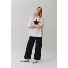 Magu Kız Çocuk Pamuklu Beyaz Yıldız Aplikeli T-Shirt Pantolon Takım