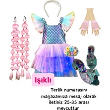 3b Kids Denizkızı Işıklı Kostüm Elbise+Pembe Saç+Inci Taç +Pembe File Eldiven+Deniz Kızı Topuklu Terlik