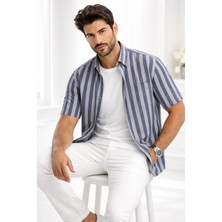 Varetta Erkek Kısa Kollu Gömlek Lacivert Çizgili  Yaka Düğmeli Cepli Yazlık Casual