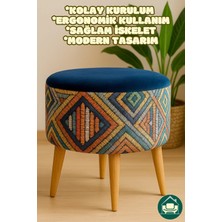 Dekor Mobilyacım Albatros Retro Gürgen Ahşap Ayaklı Dekoratif Etnik Üst Lacivert Desenli Silindir Puf Bench Koltuk