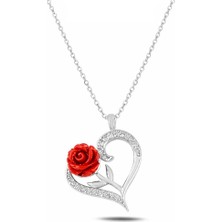Brezza Lusso Jewelry 925 Ayar Gümüş Kırmızı Gül Kalp Gümüş Kolye