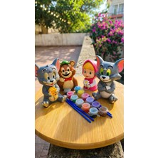 Karmaşık Hobi Evi Sevimli Karakterler Boyama Seti – 4’lü Biblo Boyama Kiti | 12 Renk Boya + 4 Fırça | Çocuk & Yetişkin Hobi Seti