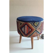 Dekor Mobilyacım Retro Gürgen Ahşap Ayaklı Dekoratif Etnik Üst Lacivert Desenli Silindir Puf Bench