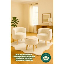 Dekor Mobilyacım Helkard Comfort Çay Seti ve Peluş Ikili Berjer & Üstü Tablalı Puf Takımı - 3'lü Set