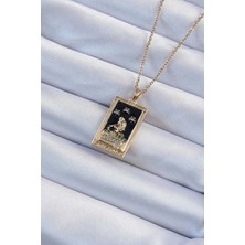Youday Accessories 316L Çelik Zincir Altın Renk Zirkon Taşlı Siyah Mineli Kız Figürlü Tarot Kolye