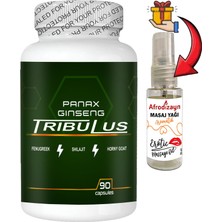 Panax 1 Kutu Panax Ginseng Tribuluslu Fenugreekli Shilajitli Hornygoatlı 90 Lı Erkeklere Özel Kapsüller + Afrodizayn Erotikmasaj Yağı 30 ml