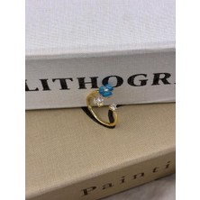 Hedef Bijuteri Gold Renk Mavi Çiçek Detaylı Zirkon Taşlı Ayarlanabilir Pirinç Yüzük