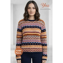 Wearified Kadın Triko Yazlık Kazak %100 Pamuk Premium Çok Renkli Etnik Desenli Ajurlu Ponponlu Mevsimlik Kazak