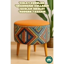Dekor Mobilyacım Albatros Retro Gürgen Ahşap Ayaklı Dekoratif Etnik Üst Turuncu Desenli Silindir Puf Bench Koltuk