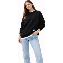 Ventoze Kadın Siyah Basic Oversize Sweatshirt | 3 Iplik Şardonlu %100 Pamuklu Kalın Kışlık