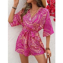 Flamex Kadın Kısa Kollu Kruvaze Yakalı Belden Kuşaklı Desenli Kısa Süprem Tulum