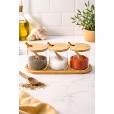 Nokka 3’lü Cam Baharatlık Seti Bambu Kapaklı Kaşıklı Altlık Borosilikat Cam Şık Mutfak Düzenleyici