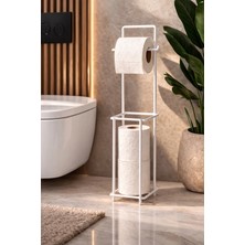 Ventoze Modern Standlı Yedek Hazneli Tuvalet Kağıtlığı | Şık Banyo Düzenleyici Organizer Paslanmaz Metal Beyaz Tek Ebat Metal