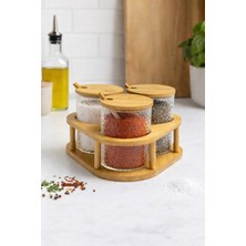 Nokka 3’lü Cam Baharatlık Seti Kaşıklı Bambu Standlı, Cam Baharat Kavanozu 8x8 cm