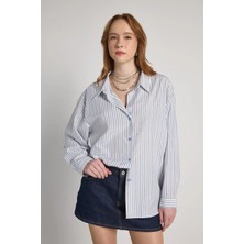 Minaaise Oversize Taşlı Çizgili Gömlek Mavi