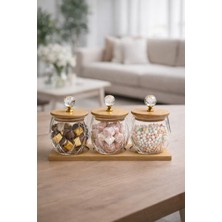 Nokka Kristal Kulplu Cam Kavanoz (10X10 Cm) Seti 3’lü – Bambu Kapaklı & Ahşap Altlıklı Dekoratif Saklama Kabı