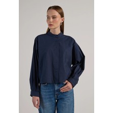 Minaaise Kısa Oversize Poplin Bluz Lacivert