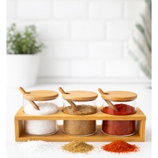 Nokka 3’lü Cam Baharatlık Seti Standlı, 8x8 cm Kaşıklı Bambu Kapaklı Baharat Kavanozu