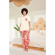 Lodos Store Aydoğan Kadın Kısa Kollu Viskon Poplin Kumaş Cepli Desenli Pijama Takımı