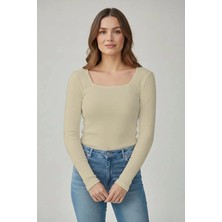 CHEISU Kadın Ekru Uzun Kollu Kare Yaka T-Shirt Bluz Kaşkorse Fitilli