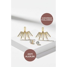 PremiumPort Kadın Şık Suya Dayanıklı Zirkon Taşlı Silver Gold Çelik Küpe