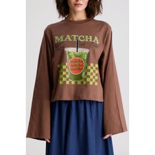 Minaaise Kadın Kahve Geniş Kol Oversize Baskılı t-shirt 31101