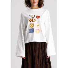 Minaaise Kadın Ekru Geniş Kol Oversize Baskılı t-shirt 31100