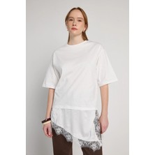 Minaaise Dantelli Kombine T-Shirt Ekru