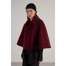 Minaaise Düğmeli Kaşe Astarlı Panço Kaban Bordo