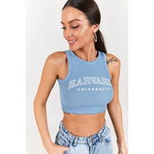 Armonika Kadın Indigo Bisiklet Yaka Yazılı Crop Bluz ARM-22Y123018