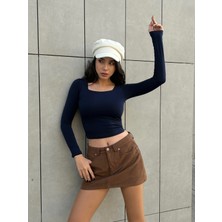 Minaaise Lacivert Kare Yaka Uzun Kollu Slimfit Basic Body 27053