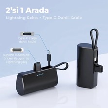 MMctech iPhone Lightning Soketli Mini Powerbank 5000MAH Type-C Dahili Kablolu Taşınabilir Şarj Cihazı Siyah