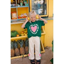 Monila Kız Çocuk Pamuklu Yeşil Baskılı T-Shirt ve Paçasında Kalp Detaylı Eşofman Alt Üst Takım