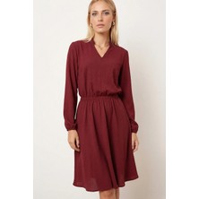 Armonika Kadın Bordo V Yaka Beli Lastikli Kloş Elbise ARM-26K001094