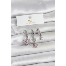 Mercansa Pirinç Gümüş Renk Çiçek Model 3'lü Kadın Küpe