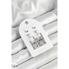 Youday Accessories Pirinç Zirkon Taş ve Dikdörtgen Figürlü Gümüş Renk 3'LÜ Çift Kadın Küpe Set