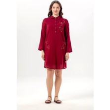 Eliş Şile Bezi Uzun Kol Sevim Düğmeli Klasik Yaka Çift Cepli Şile Bezi Nakışlı Tunik Bordo Brd