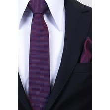 Esgue Hand Made 6 cm Slim Mini Desenli Bordo Mavi Renk Mendilli Ince Kravat