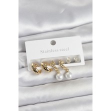Youday Accessories 316L Çelik Gold Renk Inci Halka Detaylı Kadın Küpe Seti
