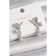 Youday Accessories Pirinç Gümüş Renk Zirkon Taşlı Turna Kuşu Model Sallantı Detay Kadın Küpe