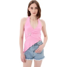 Vesantia Şeker Pembesi Kadın Tokalı Boyundan Bağlamalı Kolsuz Drapeli Örme Viskon Süprem Bluz