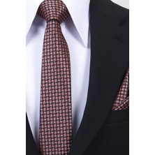 Esgue Hand Made 6 cm Slim  Desenli Kahverengi Pembe Renk Mendilli Ince Kravat