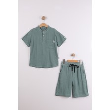 Joy Kids Erkek Çocuk %100 Cotton Cepli Basic Müslin Takım (6-10YAŞ) (Yeşil-Beyaz)