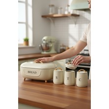 Akayev Retro Bambu Metal Ekmek Kutusu ve 3'lü Saklama Kabı Cream
