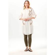 Eliş Şile Bezi Uzun Kol Sevim Düğmeli Klasik Yaka Çift Cepli Şile Bezi Nakışlı Tunik Krem Krm